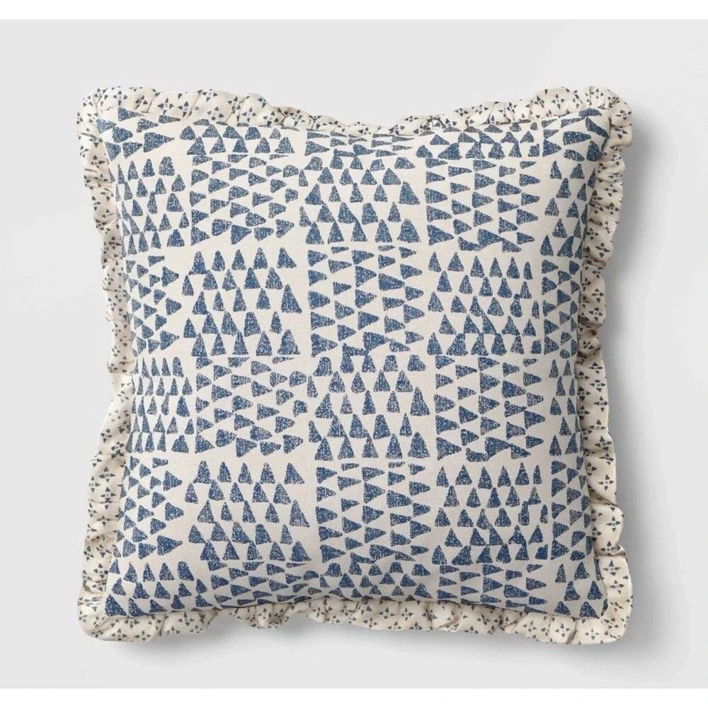 Square Bird in Nature Pillow Printed Reverse and Ruffle Trim neutral Threshold